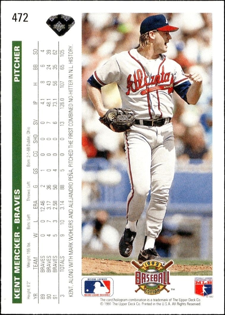 1992 Upper Deck Kent Mercker #472 baseball trading card back