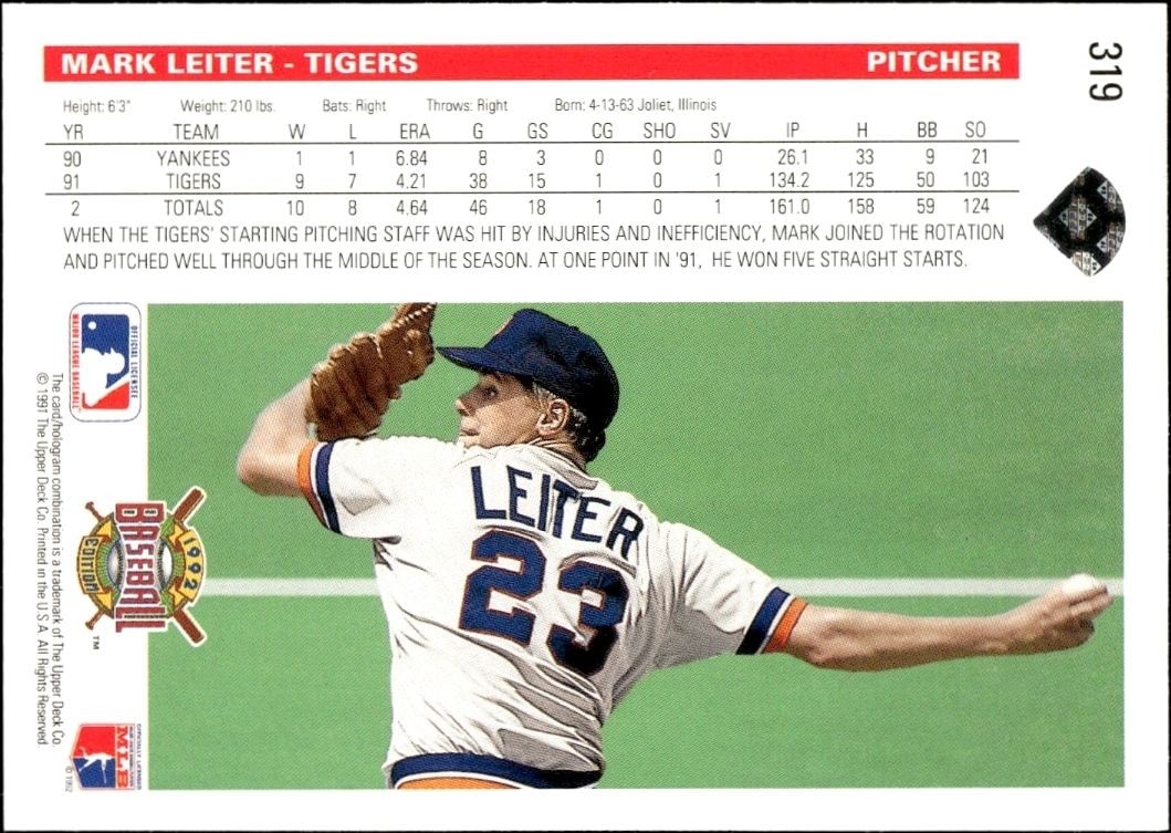1992 Upper Deck Mark Leiter #319 baseball trading card back