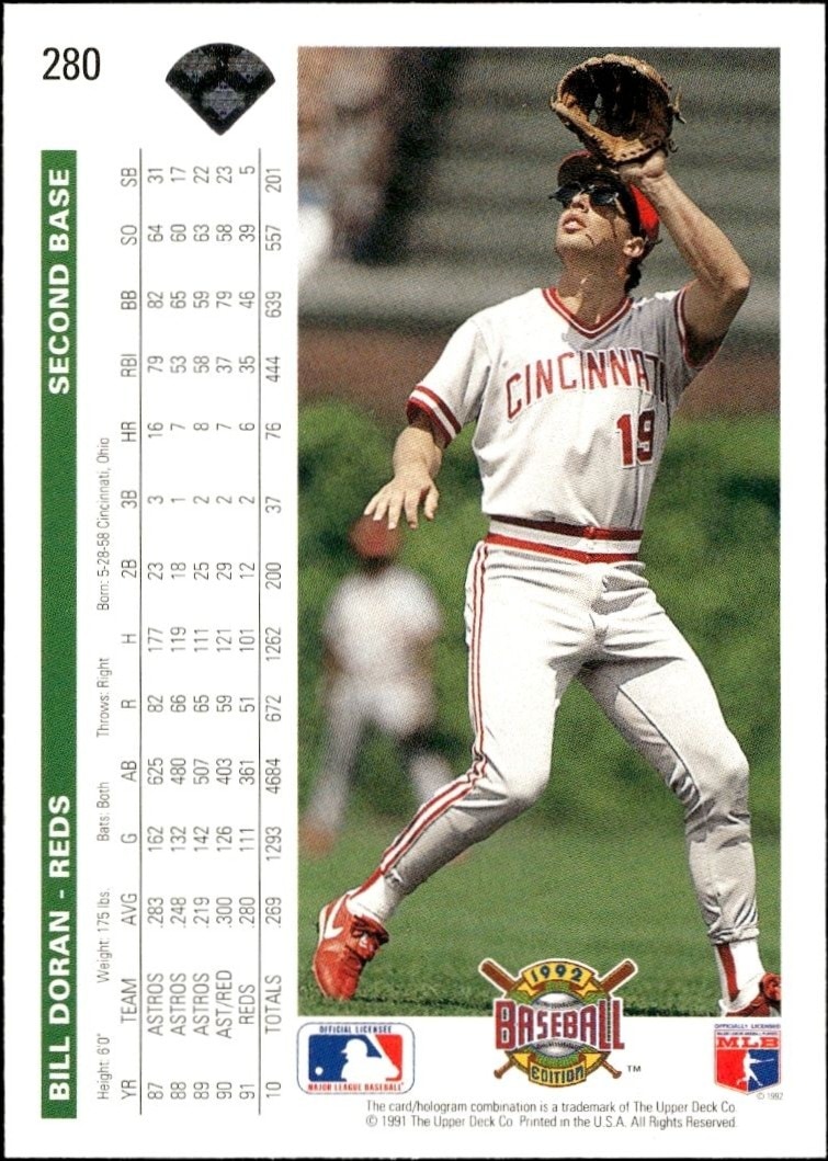 1992 Upper Deck Bill Doran #280 baseball trading card back