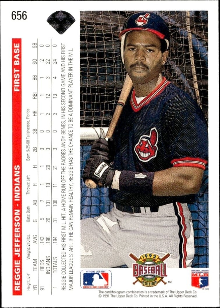 1992 Upper Deck Reggie Jefferson #656 baseball trading card back