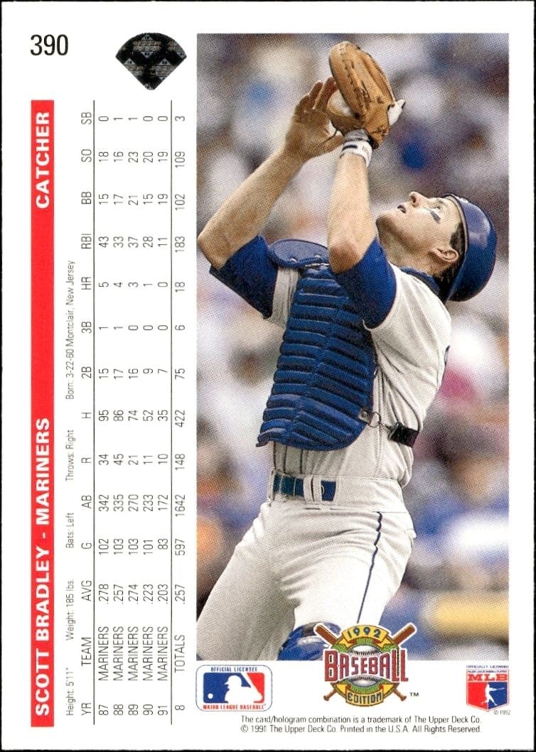 1992 Upper Deck Scott Bradley #390 baseball trading card back