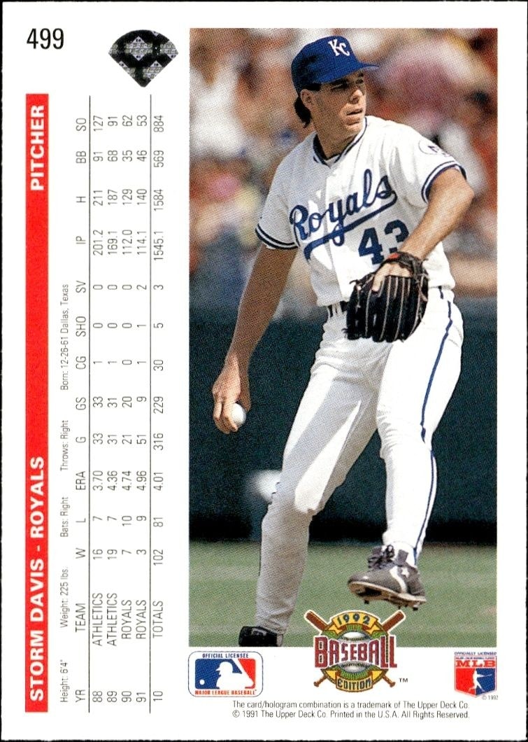 1992 Upper Deck Storm Davis #499 baseball trading card back