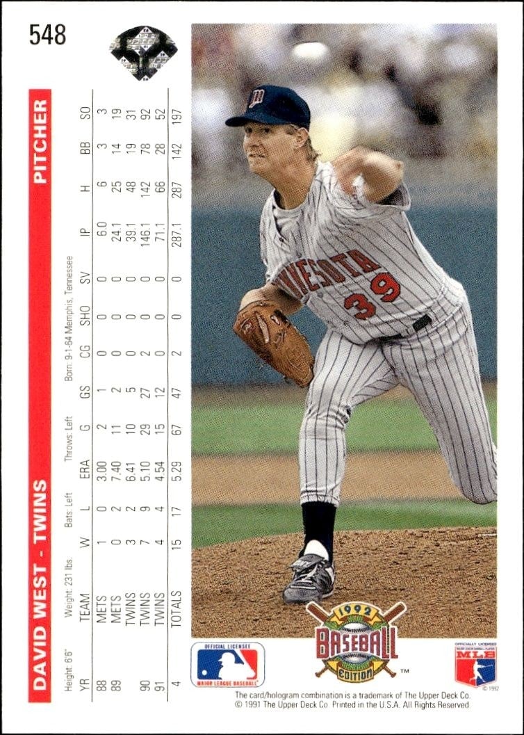 1992 Upper Deck David West #548 baseball trading card back