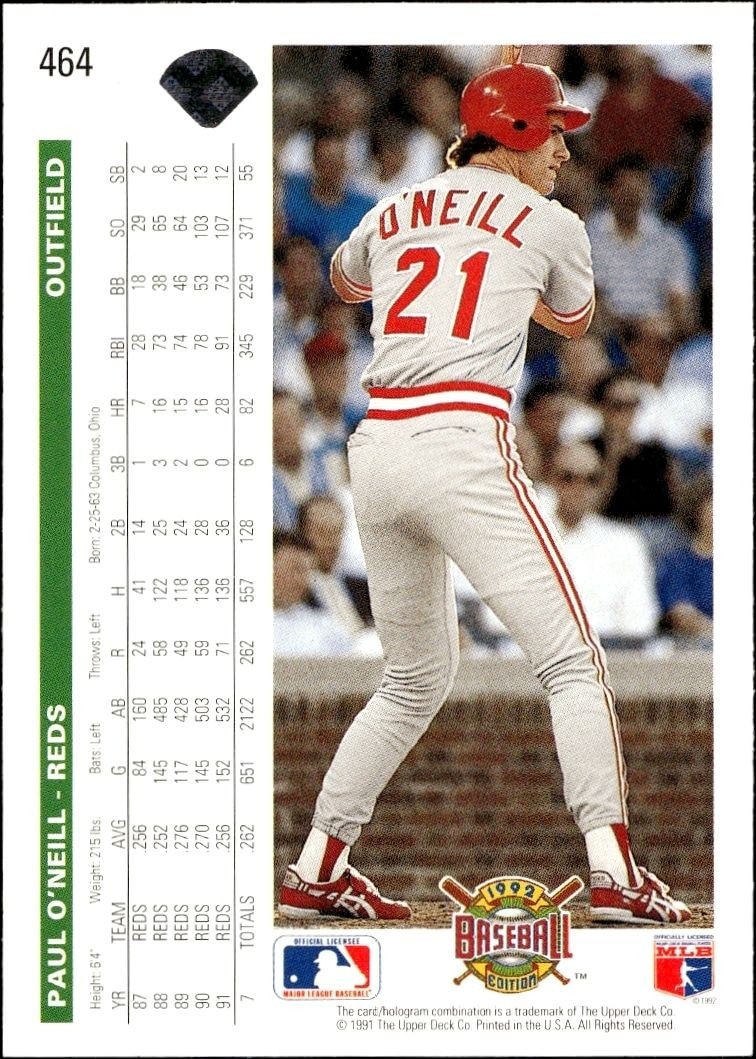 1992 Upper Deck Paul O'Neill #464 baseball trading card back