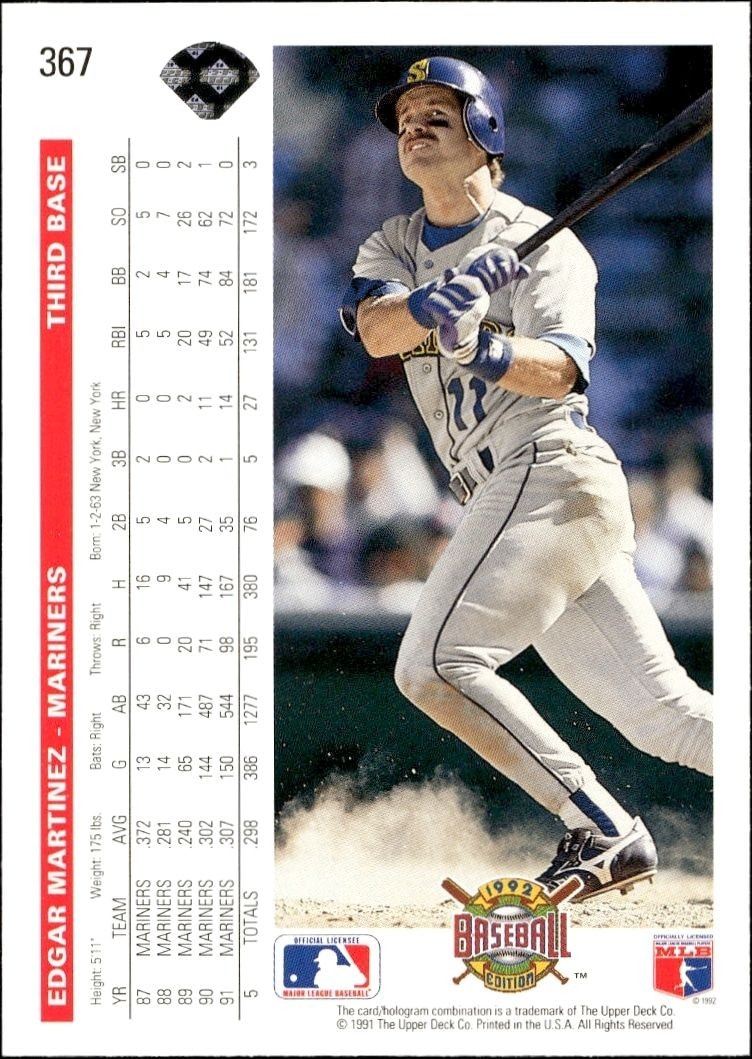 1992 Upper Deck Edgar Martinez #367 baseball trading card back
