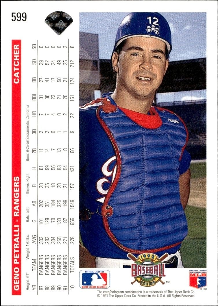 1992 Upper Deck Geno Petralli #599 baseball trading card back