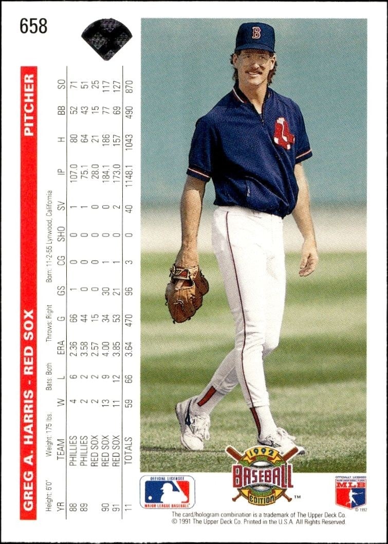 1992 Upper Deck Greg A. Harris #658 baseball trading card back