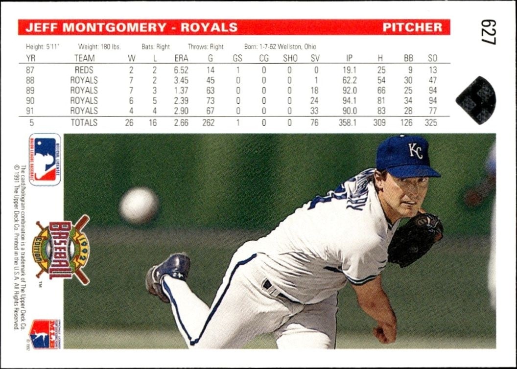 1992 Upper Deck Jeff Montgomery #627 baseball trading card back
