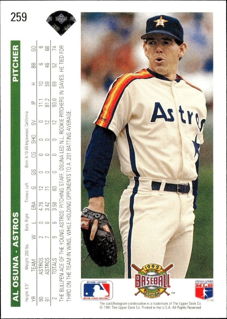 1992 Upper Deck Al Osuna #259 baseball trading card back