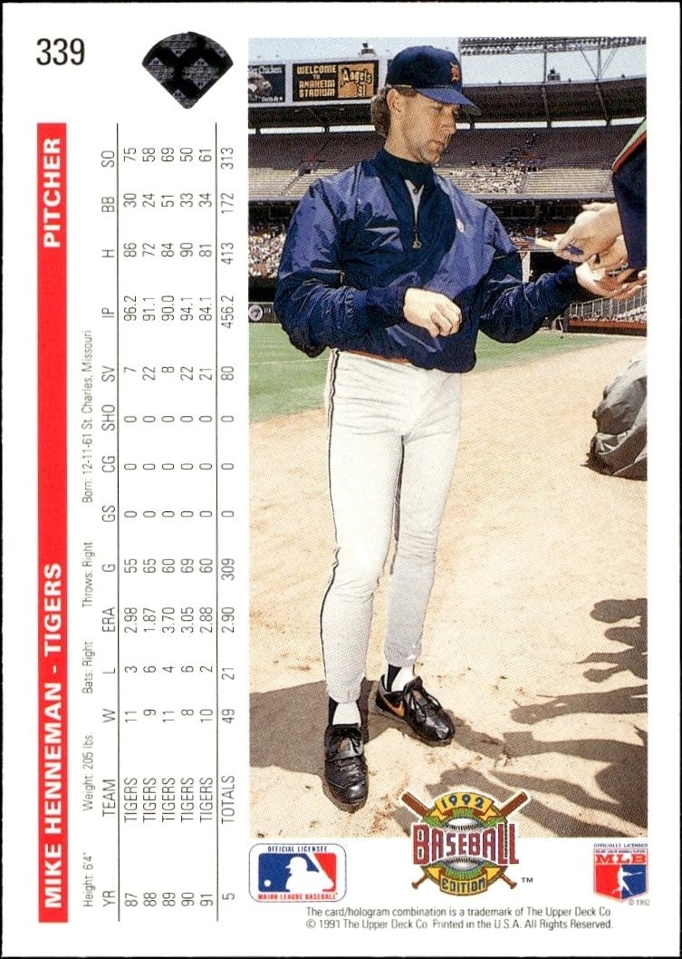 1992 Upper Deck Mike Henneman #339 baseball trading card back