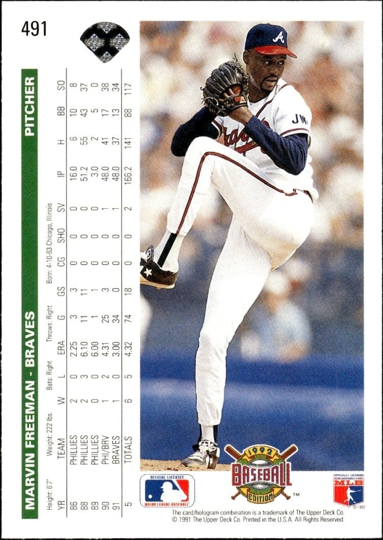 1992 Upper Deck Marvin Freeman #491 baseball trading card back