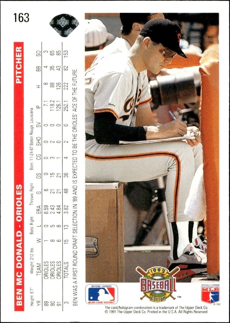 1992 Upper Deck Ben McDonald #163 baseball trading card back