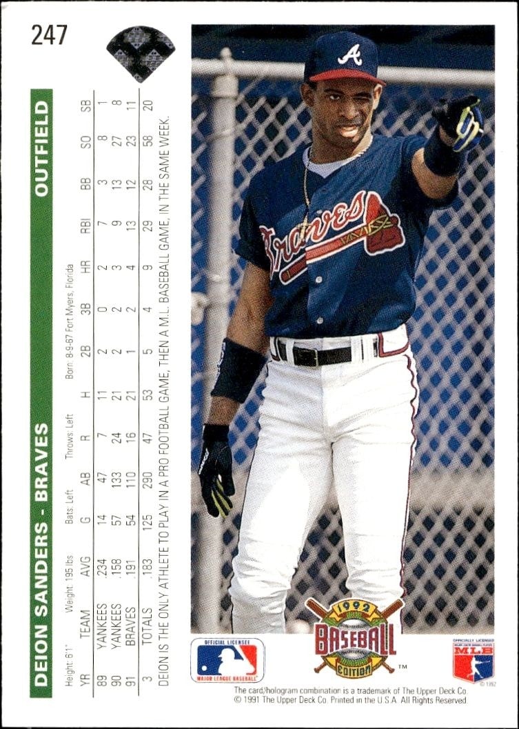 1992 Upper Deck Deion Sanders #247 baseball trading card back
