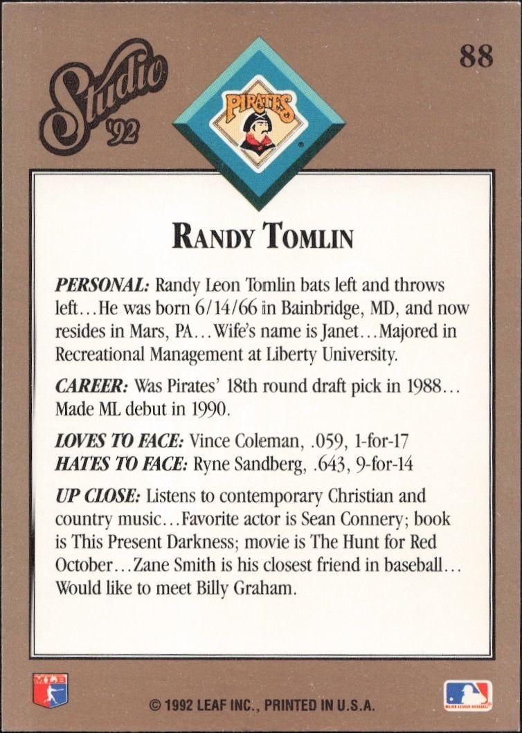 1992 Leaf Studio Randy Tomlin #88 baseball trading card back