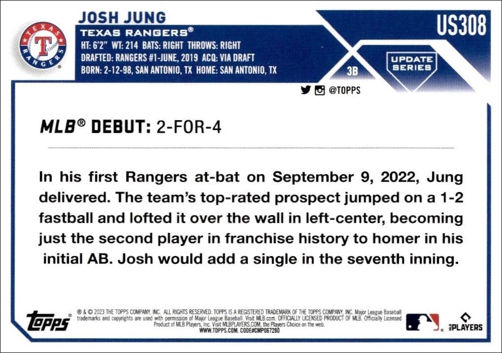 2023 Topps Update Josh Jung #US308 baseball trading card back