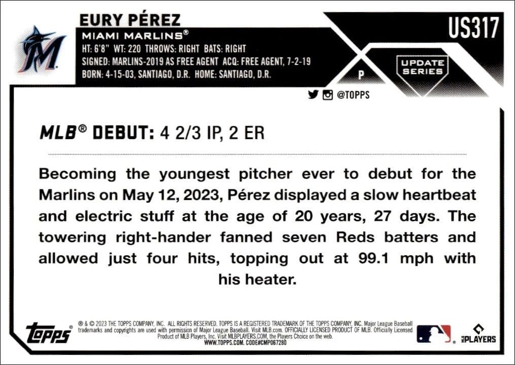 2023 Topps Update Eury Perez #US317 baseball trading card back