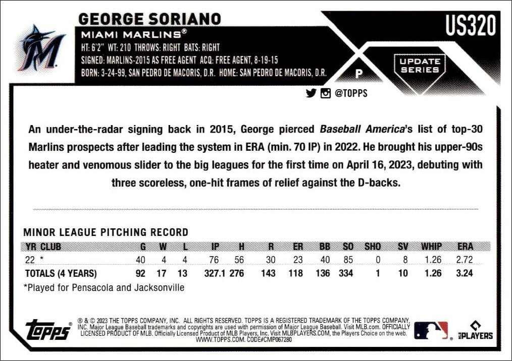 2023 Topps Update George Soriano #US320 baseball trading card back