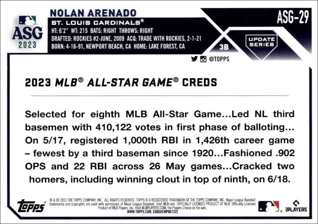 2023 Topps Update Nolan Arenado #ASG-29 baseball trading card back