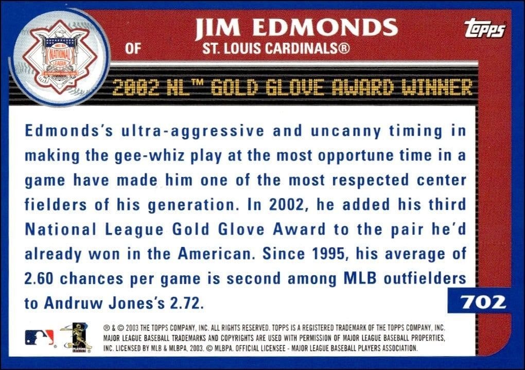2003 Topps Jim Edmonds #702 baseball trading card back