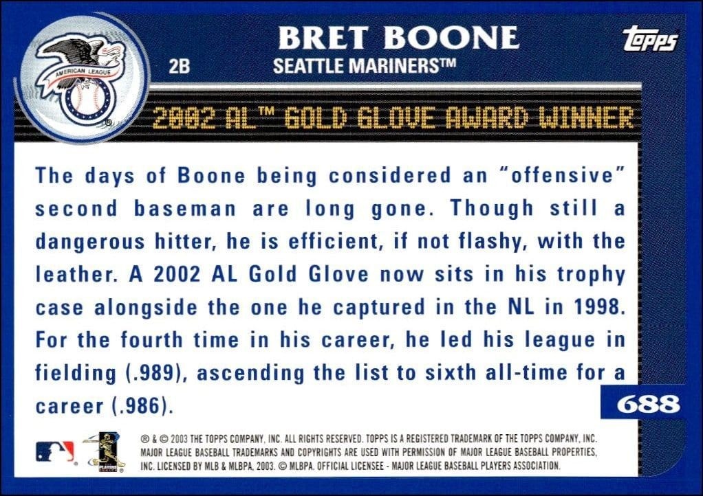2003 Topps Bret Boone #688 baseball trading card back