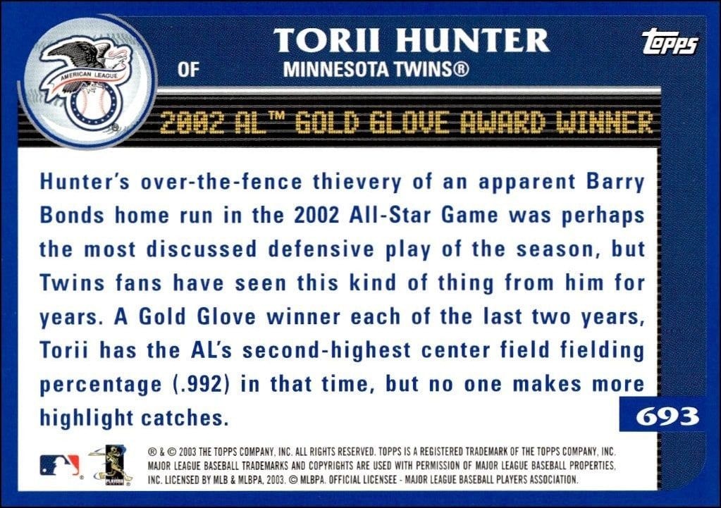 2003 Topps Torii Hunter #693 baseball trading card back