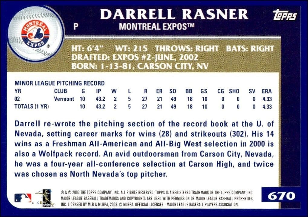 2003 Topps Darrell Rasner #670 baseball trading card back