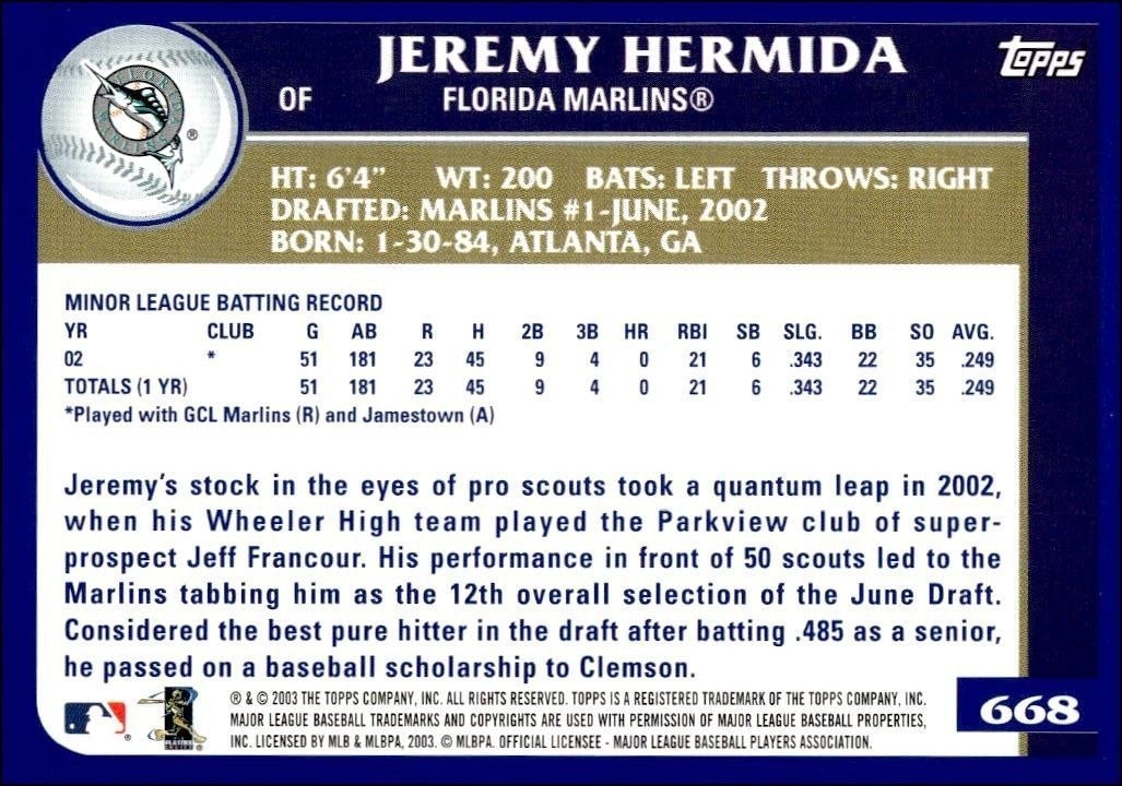 2003 Topps Jeremy Hermida #668 baseball trading card back