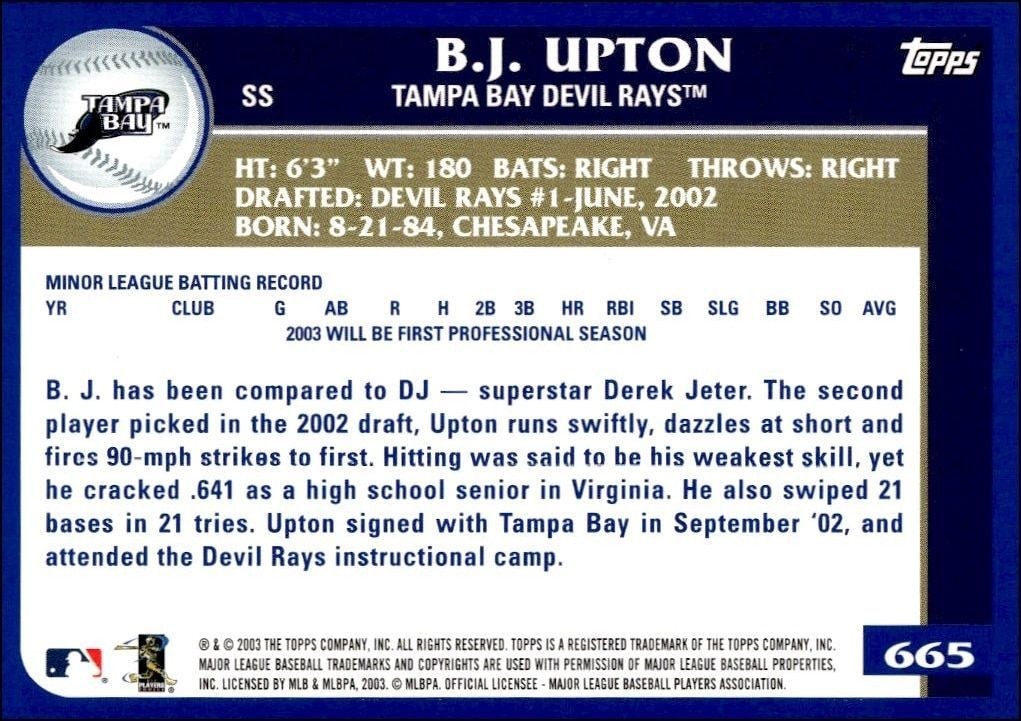 2003 Topps B.J. Upton #665 baseball trading card back