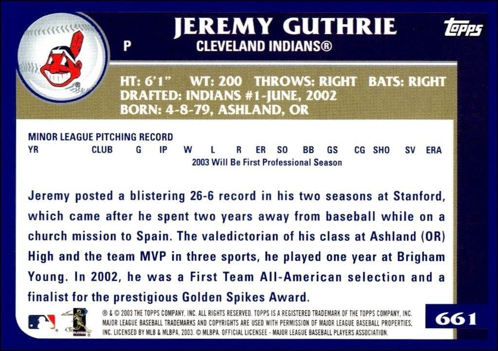 2003 Topps Jeremy Guthrie #661 baseball trading card back
