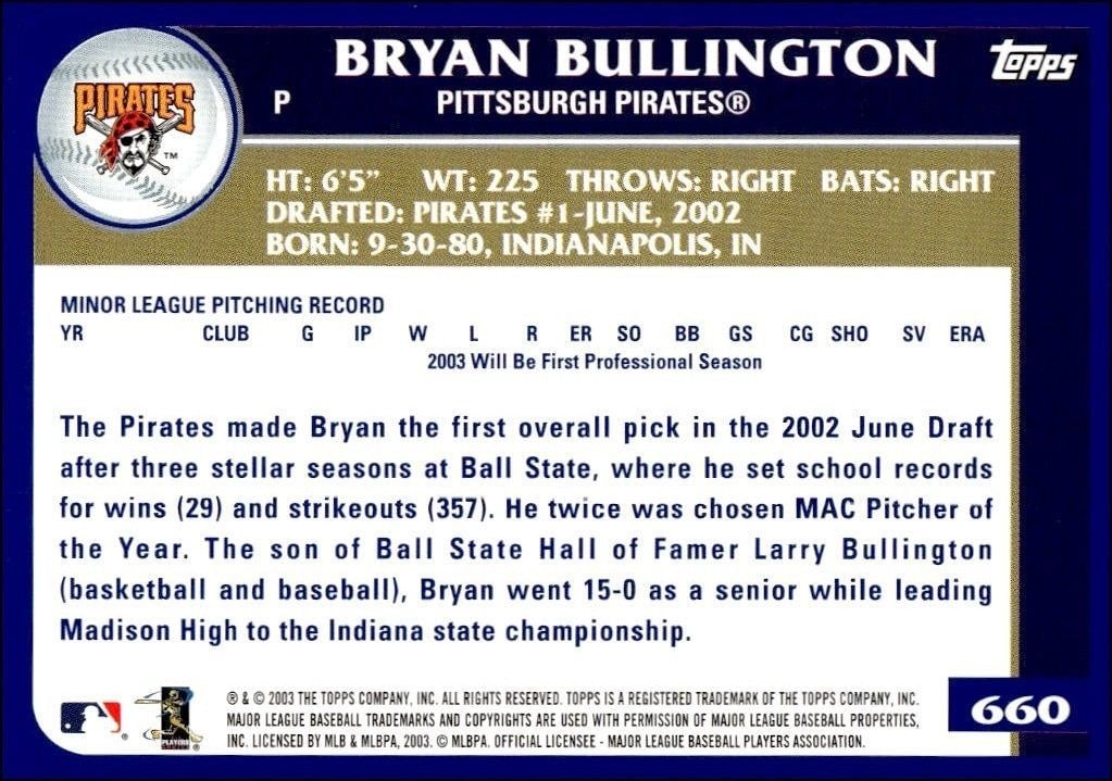 2003 Topps Bryan Bullington #660 baseball trading card back