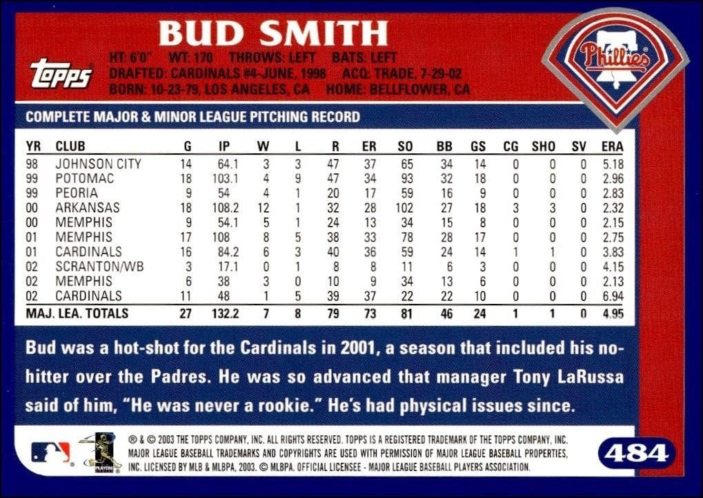 2003 Topps Bud Smith #484 baseball trading card back