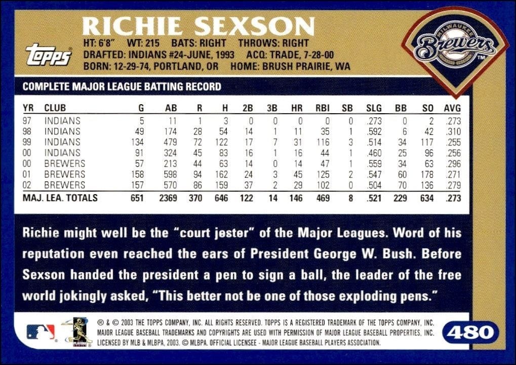 2003 Topps Richie Sexson #16 baseball trading card back