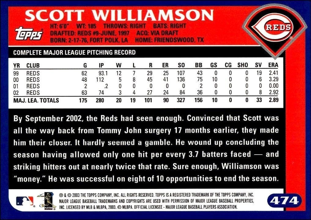 2003 Topps Scott Williamson #474 baseball trading card back