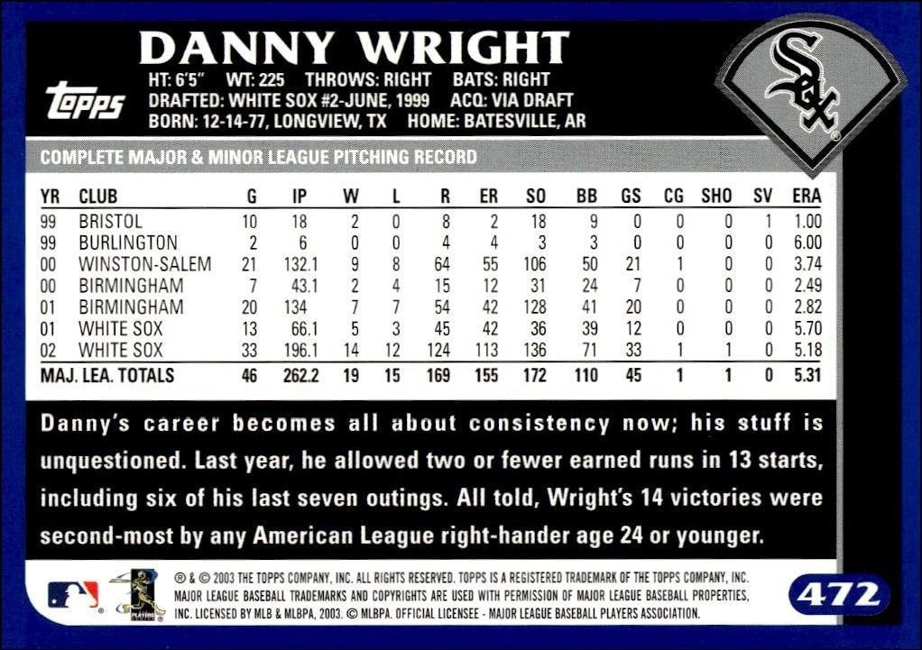2003 Topps Danny Wright #472 baseball trading card back