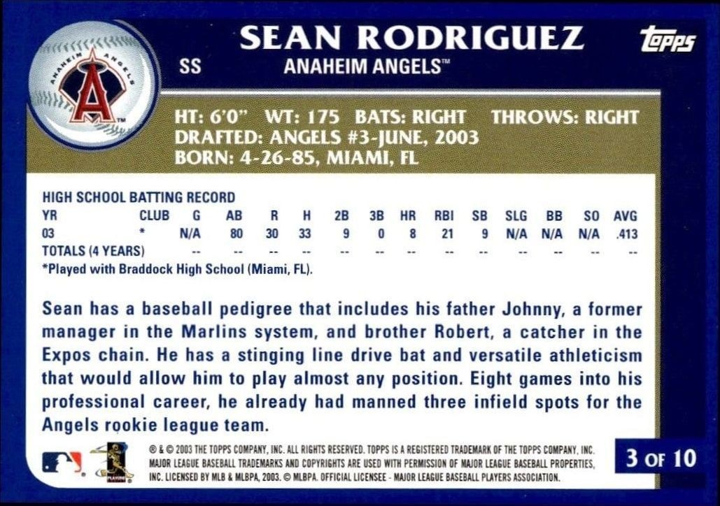 2003 Topps Sean Rodriguez #3 baseball trading card back