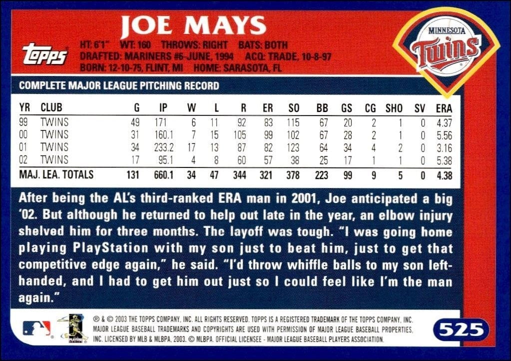 2003 Topps Joe Mays #525 baseball trading card back