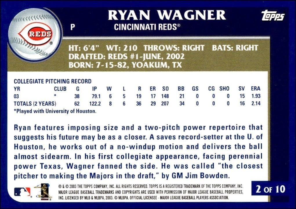 2003 Topps Ryan Wagner #2B baseball trading card back