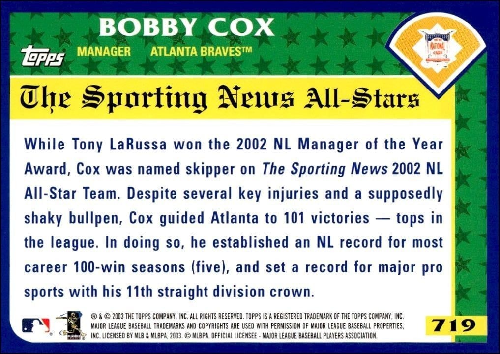 2003 Topps Bobby Cox #719 baseball trading card back