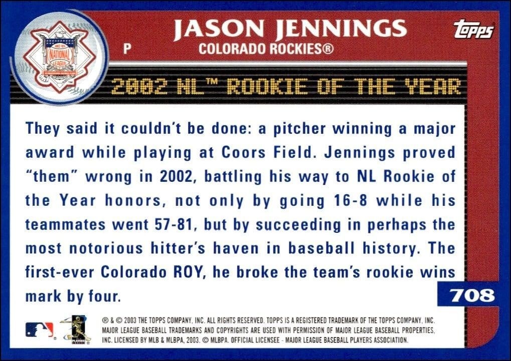 2003 Topps Jason Jennings #708 baseball trading card back