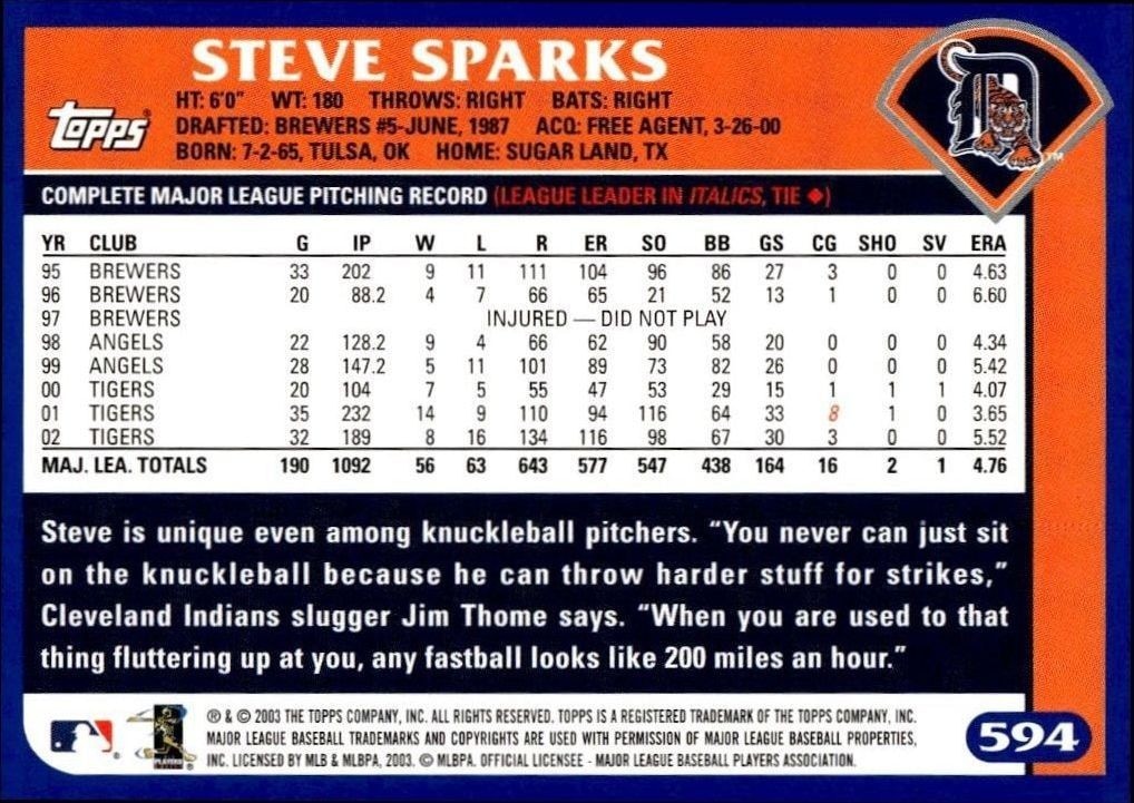 2003 Topps Steve Sparks #594 baseball trading card back