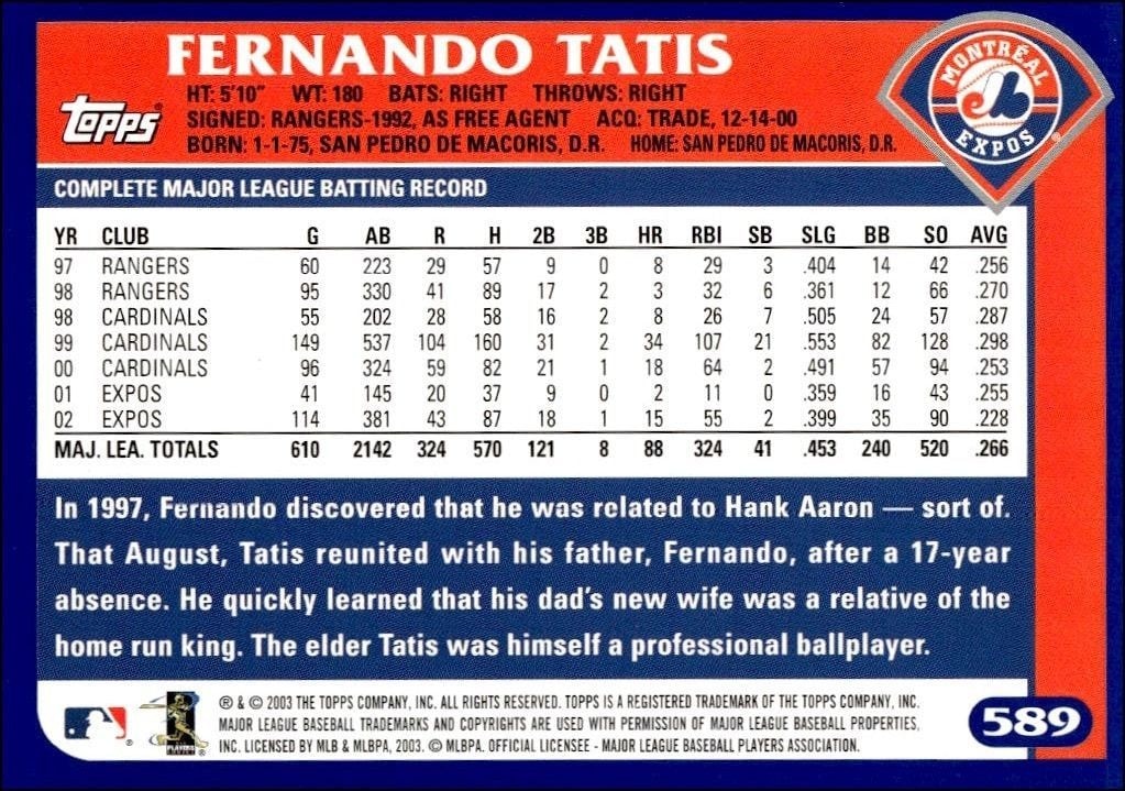 2003 Topps Fernando Tatis #589 baseball trading card back