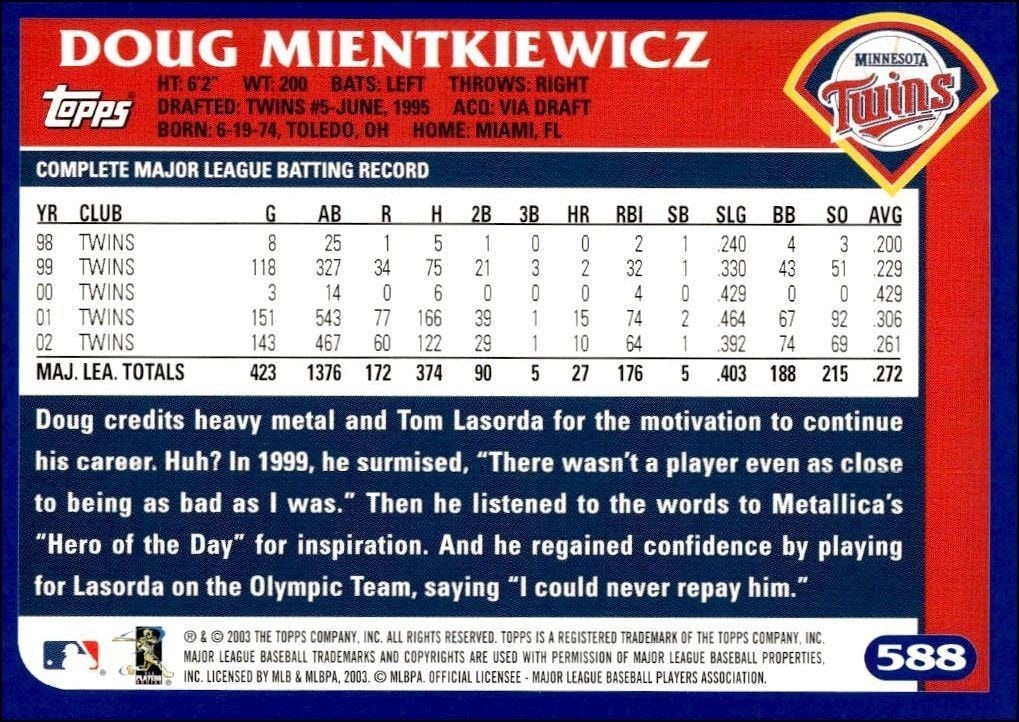 2003 Topps Doug Mientkiewicz #588 baseball trading card back