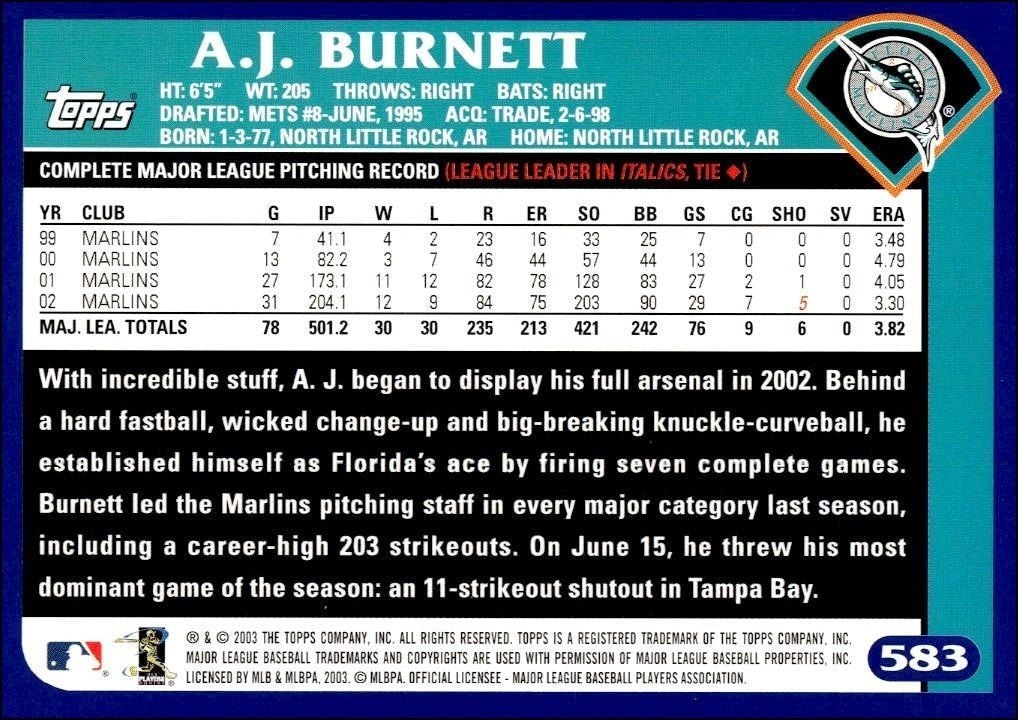 2003 Topps A.J. Burnett #583 baseball trading card back