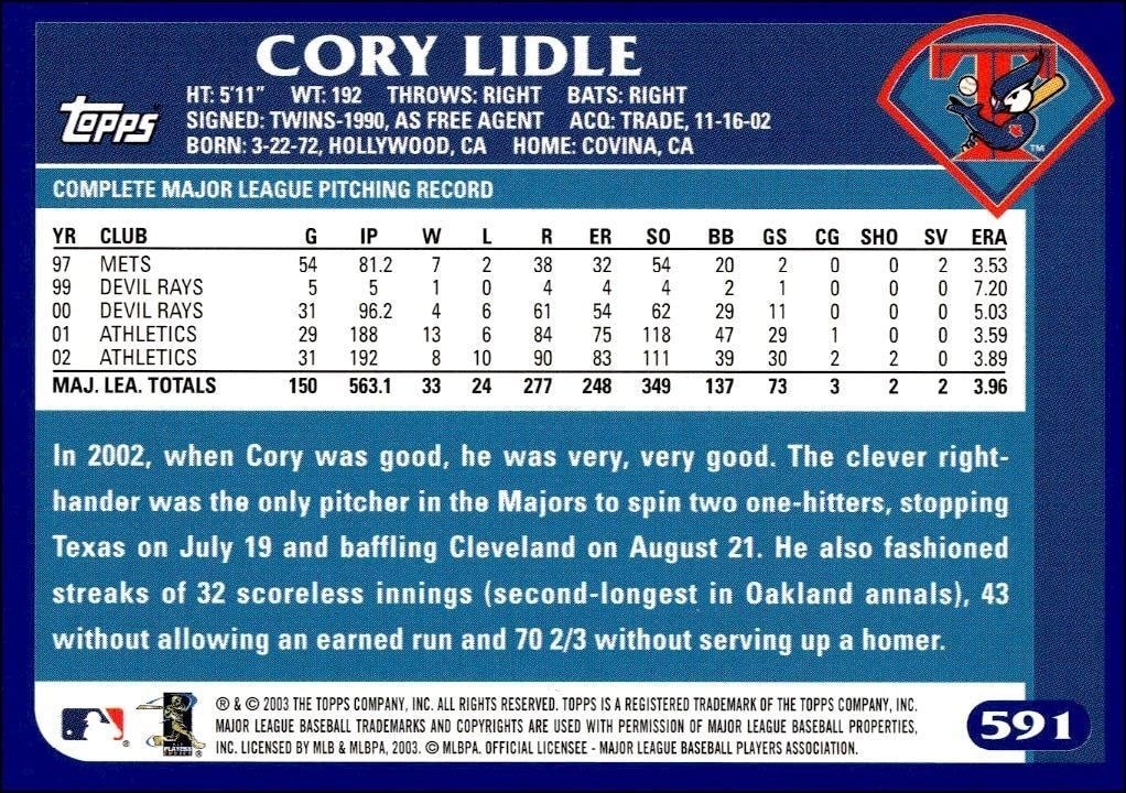 2003 Topps Cory Lidle #591 baseball trading card back