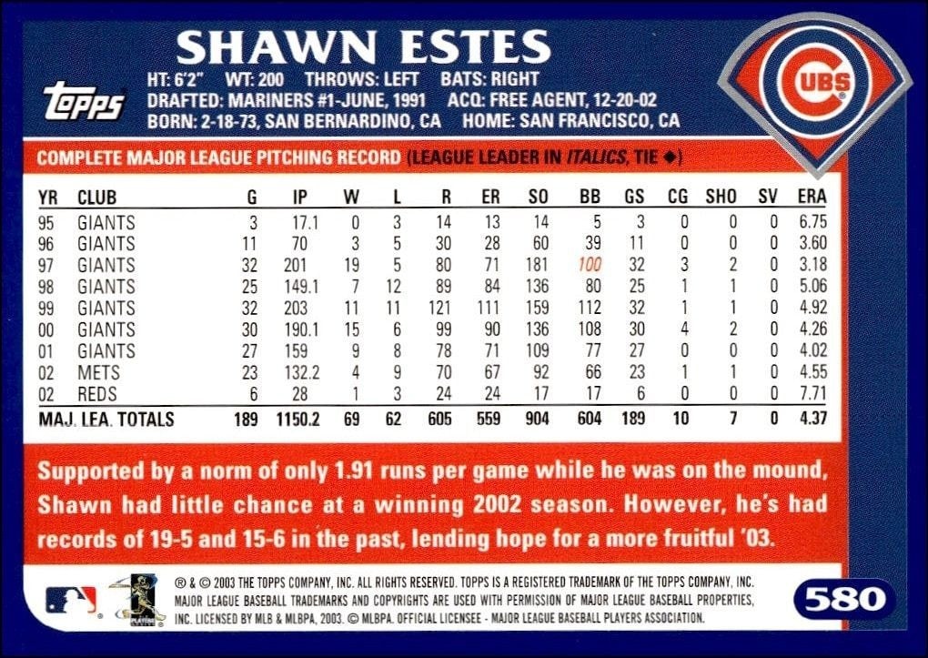2003 Topps Shawn Estes #580 baseball trading card back