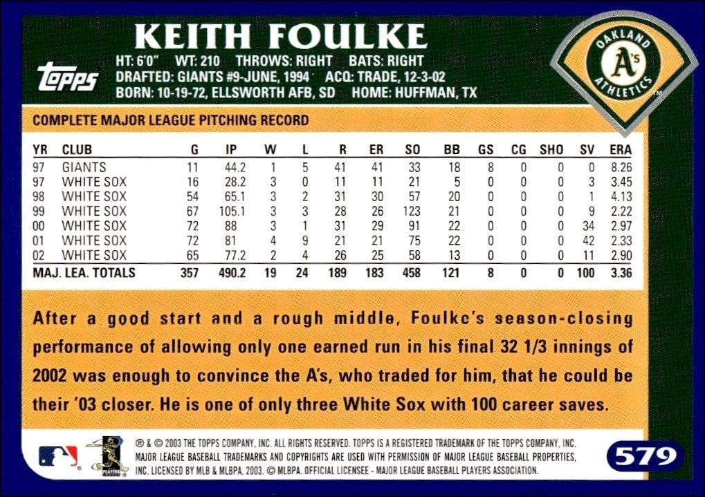 2003 Topps Keith Foulke #388 baseball trading card back