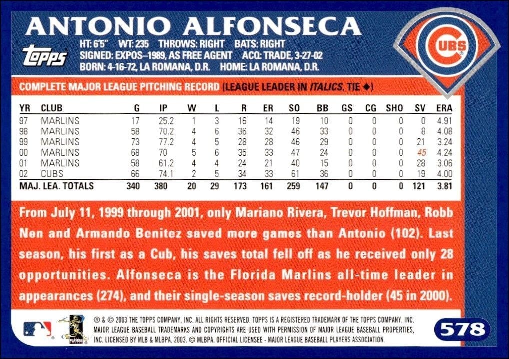 2003 Topps Antonio Alfonseca #578 baseball trading card back