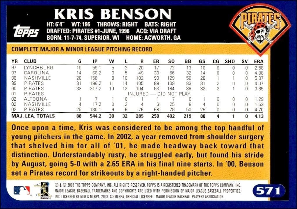 2003 Topps Kris Benson #571 baseball trading card back