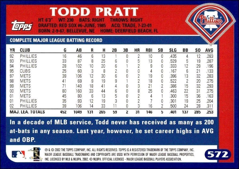 2003 Topps Todd Pratt #572 baseball trading card back