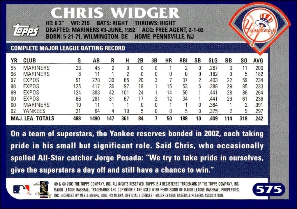 2003 Topps Chris Widger #575 baseball trading card back